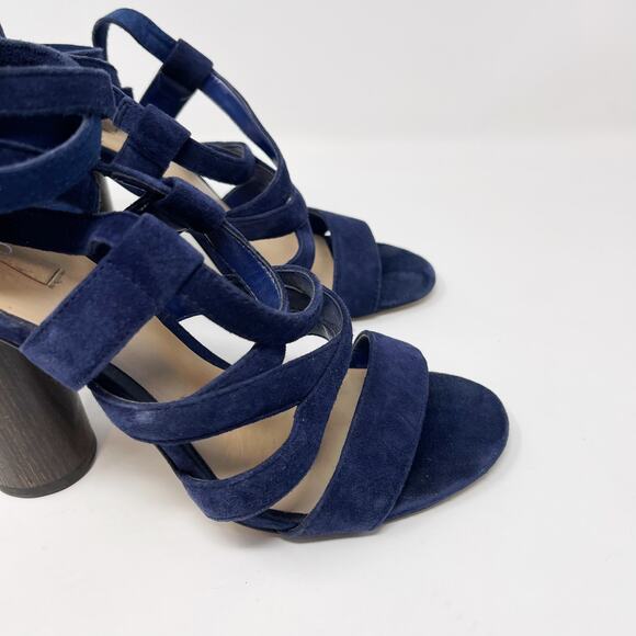 Aldo Womens 6.5 Navy Blue Lace Up Suede Heels 4" Round Wood Heels Open Toes - Picture 7 of 16